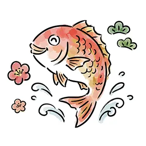波しぶきを上げて元気に跳ねる赤い鯛と松竹梅のかわいい手書き風イラスト