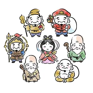 福をもたらす七福神(大黒天や恵比寿など)が全員集合したかわいい手書き風イラスト