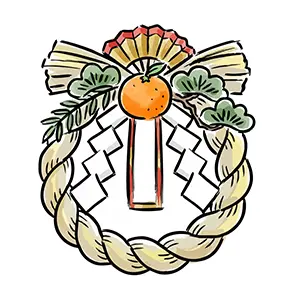 橙や松や扇子で装飾された立派なお正月のしめ飾りの手書き風イラスト