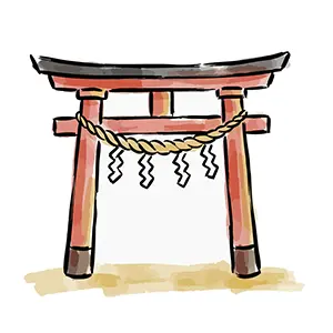しめ縄が飾られた赤い鳥居の手書き風和風イラスト