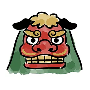 魔除けの力強さを感じる獅子舞の顔の正面アップの手書き風イラスト