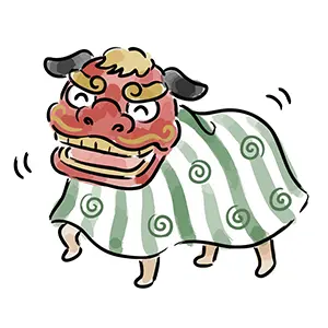 緑の唐草模様の布をかぶって踊るかわいい獅子舞の手書き風イラスト