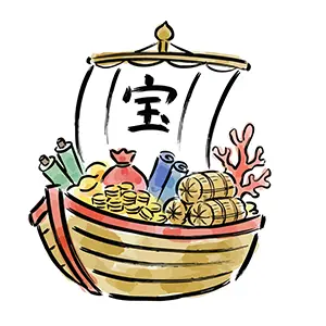 金銀財宝を積み込んで海を進む縁起の良い宝船の手書き風イラスト