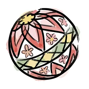 美しい幾何学模様と花柄があしらわれたカラフルな手毬の手書き風イラスト