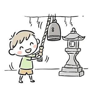 令和8年を迎えるために除夜の鐘をついてお祈りをする男の子のイラスト