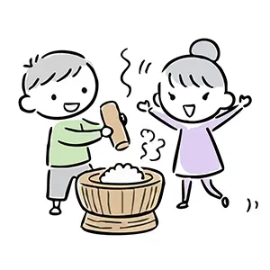 お正月に笑顔で協力して餅つきを楽しんでいる男女のカップルのイラスト