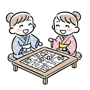 着物を着てお正月のすごろく遊びをして笑っている女の子2人のイラスト
