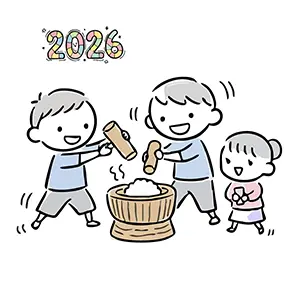 2026年のお正月に子供たちが協力して杵で餅つきをしているかわいいイラスト