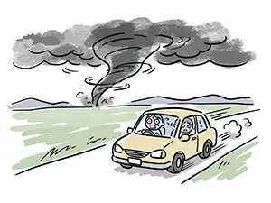 巨大な黒い竜巻が後方から迫る中、焦った表情で車を運転して猛スピードで逃げる男女のイラスト
