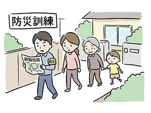 防災訓練の看板の下、「避難経路」の地図を見る誘導員に続いて、お年寄りや子供を含む家族が歩くイラスト