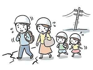 ひび割れた地面と傾いた電柱を背景に、ヘルメットや防災頭巾を被りリュックを背負って歩く4人家族のイラスト