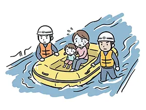 洪水で冠水した水の中を、ヘルメット姿の救助隊員が引くゴムボートに乗って不安そうに避難する親子のイラスト