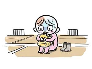 建物の屋上のような場所で長靴を脱ぎ、顔を真っ青にして非常用リュックを抱え込み震えながら座る子供のイラスト