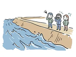 激しく増水した川を堤防の上から双眼鏡などを使って不安そうに見ている3人の男女のイラスト