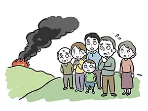 遠くの山から上がる火の手と黒煙を心配そうな表情で見つめている老若男女のグループのイラスト