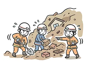 土砂崩れで家が埋まった現場で、ヘルメット姿の救助隊員3人がシャベルや手作業で瓦礫を撤去しているイラスト