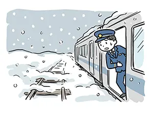 猛吹雪の中、大雪で線路が埋もれて止まってしまった電車のドアから、車掌が外の様子をうかがうイラスト