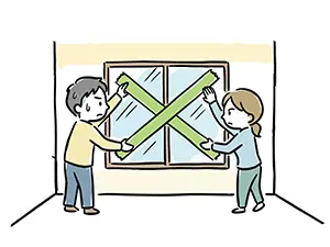 台風などの強風対策として、家の窓ガラスの飛散を防ぐために緑色の養生テープをバツ印に貼っている男女のイラスト