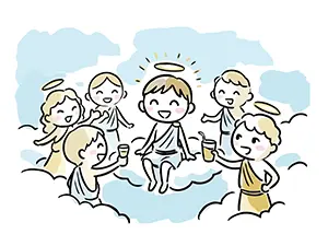 雲の上で先輩の天使たちが新しく仲間入りした天使を乾杯して歓迎するイラスト