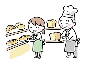 パン屋でベテラン職人と一緒に笑顔でパンを棚に並べる女性スタッフのイラスト