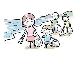 海岸で笑顔でゴミ拾いのボランティア活動をする親子と参加者たちのイラスト