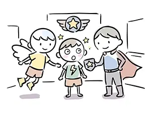 ヒーローと天使が新入りの男の子に星の盾を渡して歓迎しているイラスト