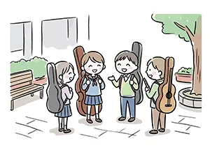 ギターケースを背負って笑顔で談笑する制服姿の軽音楽部の学生たちのイラスト