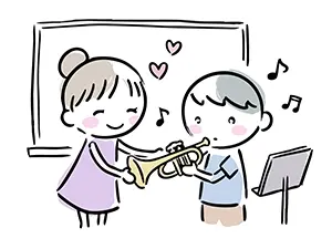 音楽教室で先生に教わりながら初めてトランペットを吹く男の子のイラスト