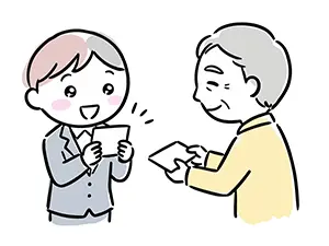 笑顔で名刺交換をするスーツ姿の新入社員と年配のビジネスマンのイラスト