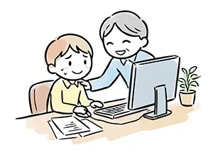 パソコンの前で緊張する新入社員を笑顔でサポートする先輩社員のビジネスイラスト