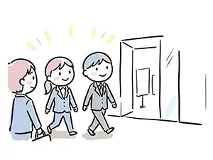 スーツ姿で会社のオフィスに元気よく出社する新入社員たちのイラスト