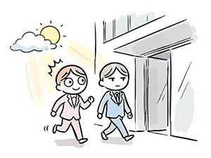 朝のオフィスビルに急ぎ足で元気に出社するスーツ姿の若い男性社員のイラスト