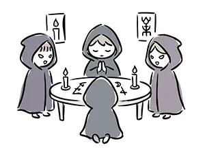 フードを被った人物たちがロウソクと魔法陣のテーブルを囲み新人を迎えるイラスト