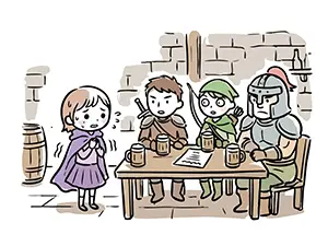 酒場で戦士たちのパーティーに緊張して自己紹介をする新米魔法使いのイラスト