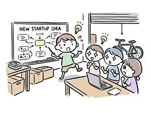 ホワイトボードの前でスタートアップのアイデアを熱心にプレゼンし仲間が感動しているイラスト