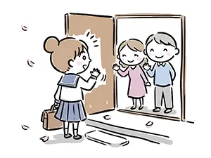 入学式の朝に制服姿で玄関から出発し両親に見送られる女子学生のイラスト