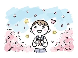 桜が舞う青空の下で期待に胸を膨らませて笑顔で見上げる制服姿の女子学生のイラスト