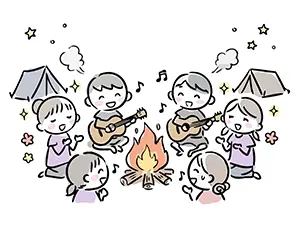 キャンプファイヤーを囲んでギターに合わせて楽しく歌う子供たちのイラスト