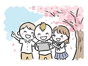 桜が咲く木の下でスマートフォンを使って笑顔で自撮りをする制服姿の学生たちのイラスト