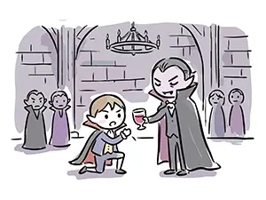 城の中でベテランの吸血鬼が片膝をつく若き吸血鬼にグラスを渡し歓迎するイラスト