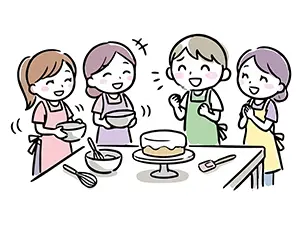 お菓子作りの教室で自己紹介をして歓迎されているエプロン姿の男女のイラスト