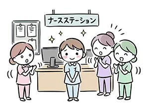 ナースステーションで先輩看護師たちに歓迎される新人看護師のイラスト