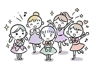 ダンス教室で緊張している新入生を周りの女の子たちが笑顔で歓迎するイラスト