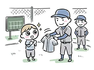 グラウンドで監督から野球のユニフォームをもらって目を輝かせる男の子のイラスト