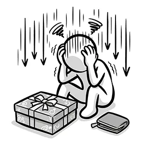 立派なお祝いの品と空の財布を前にして、出費の多さに落ち込んでいる人のイラスト