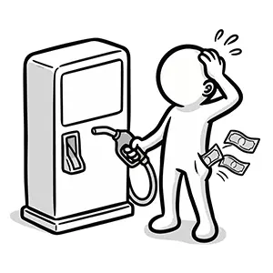 ガソリンスタンドで給油中に、ガソリン代の高さに驚く人のイラスト
