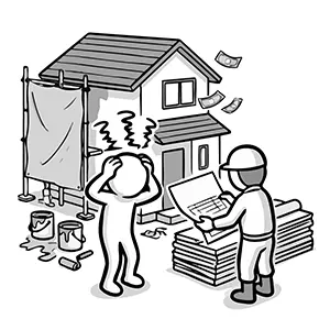 家のリフォーム工事の図面を見て、高額な費用に頭を抱える人のイラスト