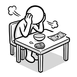 机の上でカレンダーとお金を前に、今月の生活費のやりくりに頭を抱えて疲弊している人のイラスト