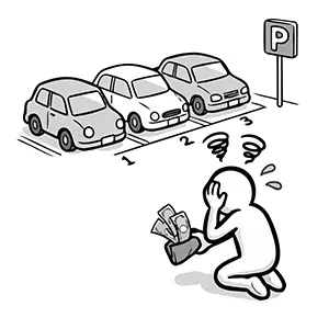 駐車場で車の維持費や毎月の駐車場代の支払いに頭を抱える人のイラスト