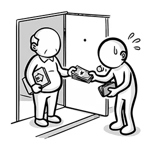 大家さんに家賃を支払い、財布が空になって焦っている人のイラスト